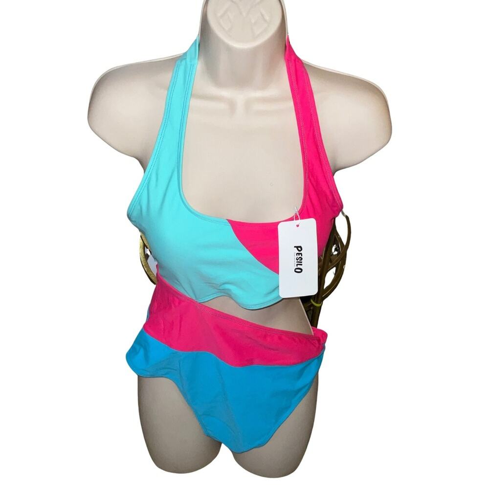 Color Block Halter Cut-Out One Piece Swimsuit Turquoise Pink M NWT retro coastal